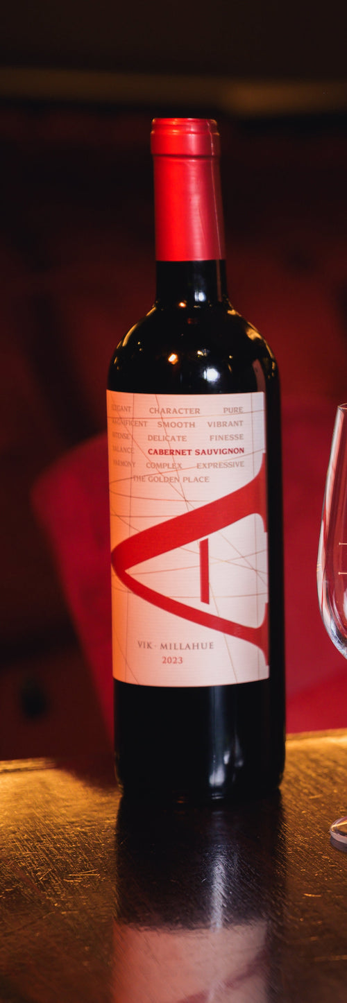 A bottle of red wine, an empty wine glass, and two wooden wine gift boxes with red 'VIK' lettering, arranged on a dark table with blurred red theater seats in the background.